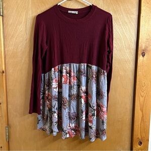 Long-Sleeve Burgundy and Floral Swing Blouse